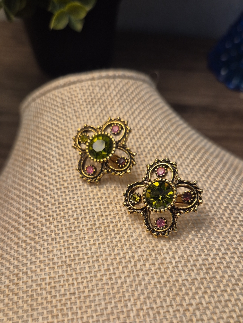 Sarah Coventry Gold-Tone Green and Pink Crystal Floral Clip Earrings